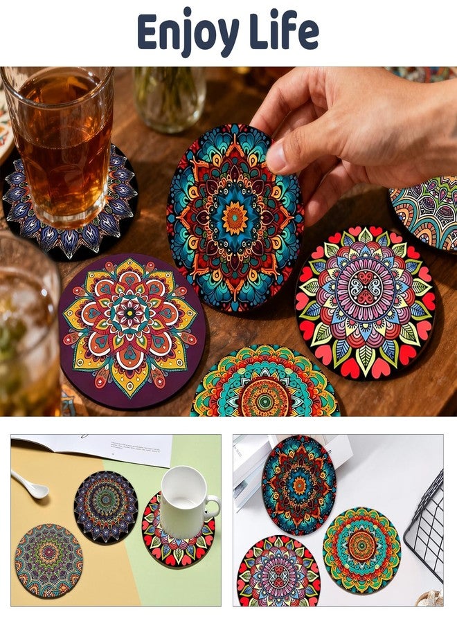 IIDEA Set of 6 Wood Coasters with Holder,Mandala Diamond Art Wooden Coasters for Table Protection Absorbent Drink Cup Cork Base Farmhouse Housewarming Gifts,Heat-Resistant - Image 3